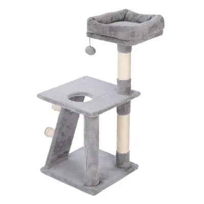 Grey scratching post with two levels, sisal posts, a top lying surface and a hanging play ball.