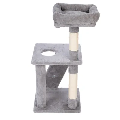 Grey scratching post with two levels, a top lying surface and a sisal post. Lower level with hole for play options.