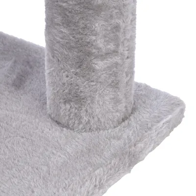 Cat tree with grey, soft plush cover on post and base plate.