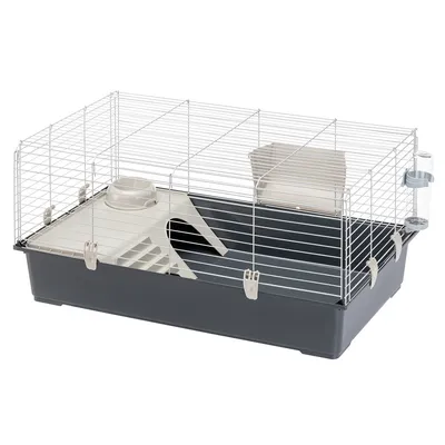 Häkki, jossa muovinen pohja ja metalliverkko, sisällä ramppi, taso, ruokakuppi, heinäteline ja juomapullo. Värit harmaa ja vaalea beige.