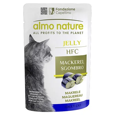 almo nature HFC Jelly Mackerel Sgombro, makrela dla dorosłych kotów; składniki pierwotnie przeznaczone do spożycia przez ludzi, teraz karma dla kotów. Fundacja Capellino.