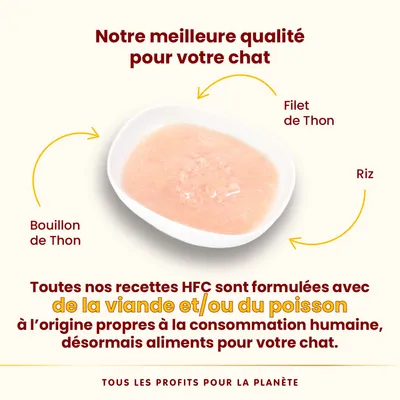 Bol avec filet de thon, bouillon de thon et riz. Texte : Toutes nos recettes HFC sont formulées avec de la viande et/ou du poisson propres à la consommation humaine, désormais aliments pour chat.