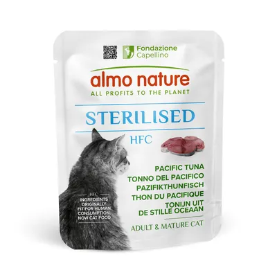 Sterilised HFC Pacific tuna food for adult and mature cats. Ingredients originally fit for human consumption, now cat food. All profits to the planet.