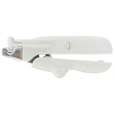 Elektrische Krallenschere mit Ein-/Ausschalter und transparentem Schutzaufsatz, ergonomisches Design in Weiss.