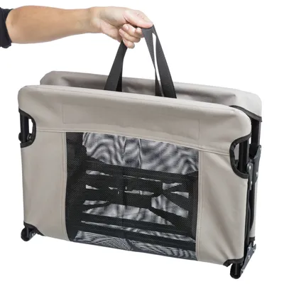 Zusammenklappbare Transportbox mit Netzfenster und Tragegriff, beige.