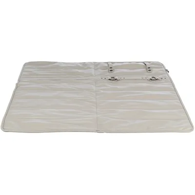 Beige, gepolsterte Schutzmatte mit Gurten und Schnallen, geeignet für den Einsatz als Unterlage oder Abdeckung.
