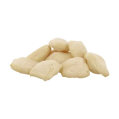 Helle, luftige Snacks in Kissenform, sichtbar ohne Verpackung. Produktbeschreibung für Tiernahrung oder Leckerlis.