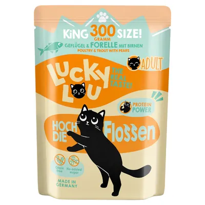Lucky Lou Katzenfutter, King Size 300g, Geflügel & Forelle mit Birnen, Adult, Protein Power, ohne Getreide, ohne Zuckerzusatz, Made in Germany.