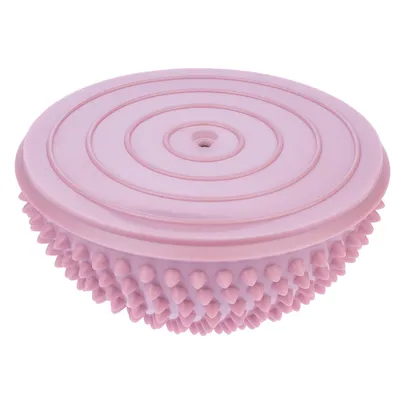 Spazzola massaggiante rosa con manico rotondo e morbidi dentini per la cura del pelo.