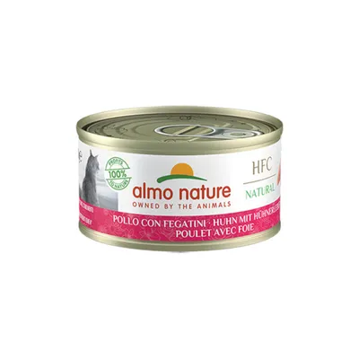 Boîte Almo Nature HFC Natural, Poulet avec foie, texte visible : 100 % profits to nature, OWNED BY THE ANIMALS, POULET AVEC FOIE, image de chat sur l’étiquette.