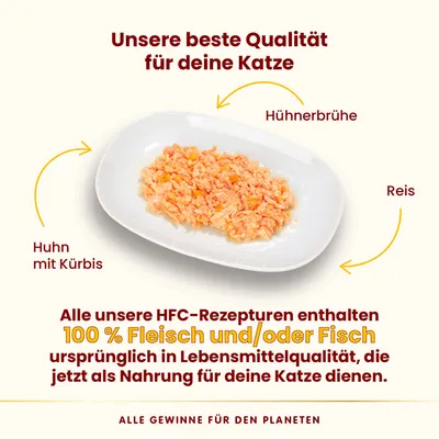 HFC-Rezepturen mit Huhn, Kürbis, Reis und Hühnerbrühe. 100% Fleisch und/oder Fisch in Lebensmittelqualität als Katzennahrung. Alle Gewinne für den Planeten.