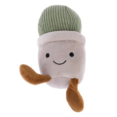 Jouet en peluche pour animaux, forme de pot avec visage souriant brodé, couvercle vert en tissu côtelé, deux pattes marron en tissu doux visibles.