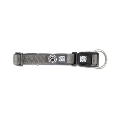 Hondenhalsband van Max & Molly, grijs met pootafdrukmotief en metalen ring. Verstelbaar met kliksluiting.