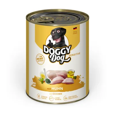 Doggy Dog Sensitive csirkehússal, Németországban készült, gabonamentes, lazacolajjal, zöldkagylóval. Hero Effect logó látható.