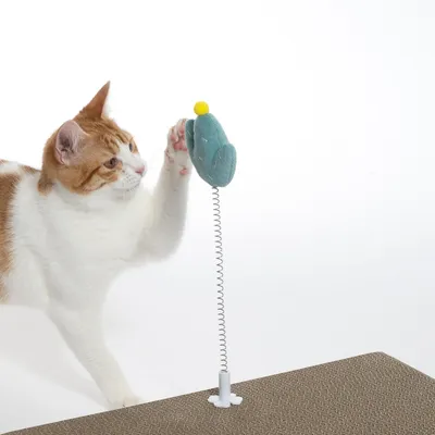 Spielzeug mit Federmechanismus und grünem Stofftier, befestigt auf einer Kratzmatte. Katze interagiert mit dem Spielzeug.