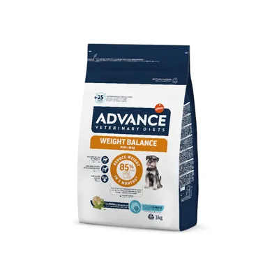 Advance Veterinary Diets Weight Balance Mini, 3 kg. Redukcja masy ciała o 85% w 2 miesiące. Dla psów poniżej 10 kg. Z Active Defense, opracowana weterynaryjnie.