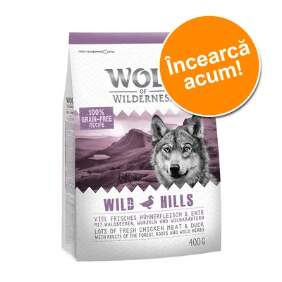 Pachet Wolf of Wilderness Wild Hills 400 g, 100% grain-free recipe, carne proaspătă de pui și rață, cu fructe de pădure, rădăcini și ierburi sălbatice. Inscripție: Încearcă acum! Pachet Wolf of Wilderness Wild Hills 400 g, 100% grain-free recipe, carne proaspătă de pui și rață, cu fructe de pădure, rădăcini și ierburi sălbatice. Inscripție: Încearcă acum!