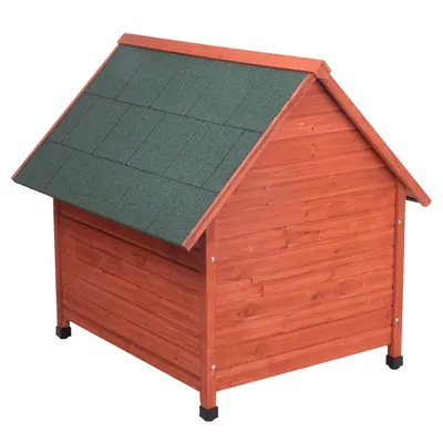 Niche pour chien en bois avec toit à deux pans recouvert de tuiles vertes, pieds surélevés noirs, sans ouverture visible sur cette image.