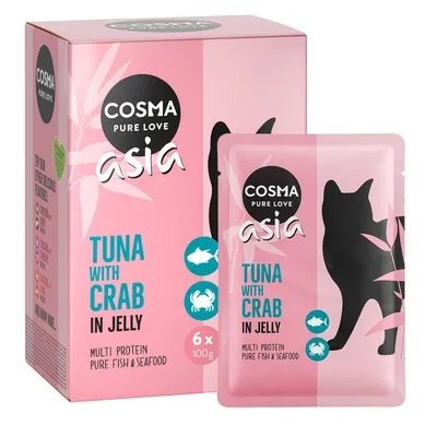 Cosma Asia Pure Love. Tonfisk med krabba i gelé, multi-protein, ren fisk och skaldjur. Förpackning med 6 x 100 g påsar.