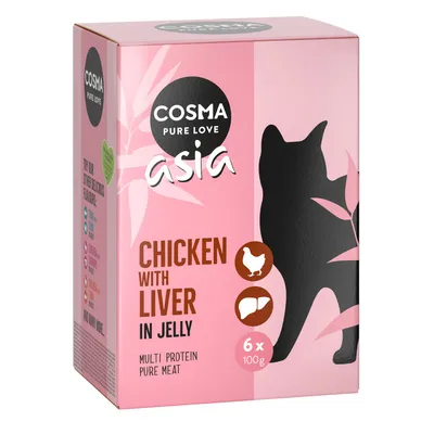 Cosma Pure Love Asia Chicken with Liver in Jelly macskaeledel, 6 x 100 g, multi protein, pure meat felirat látható a csomagoláson.
