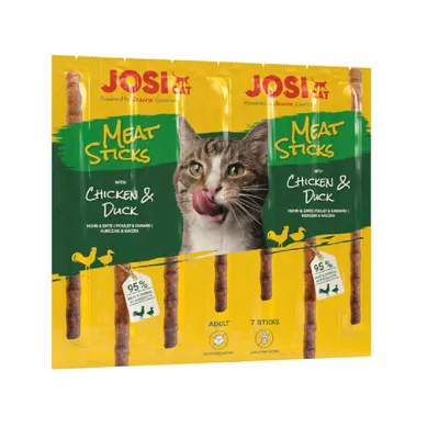 JosiCat Meat Sticks с пиле и патица, 95% месо, беззърнена рецепта, за възрастни котки, опаковка с 7 стикчета.