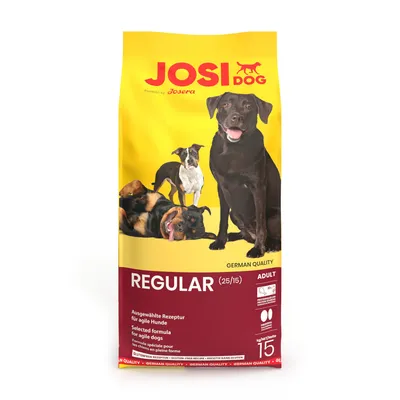 JosiDog Regular Adult, bezlepková receptúra pre aktívnych psov. Veľkosť balenia: 15 kg. Powered by Josera, German Quality.