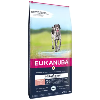 Eukanuba Premium tørfoder, kornfri, til seniorer fra 9 år, rig på havfisk, egnet til store og meget store hunde. Pakningsstørrelse: 12 kg.