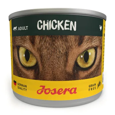 Josera Adult Chicken, bez obilovin, německá kvalita. Konzerva s designem kočičích očí.