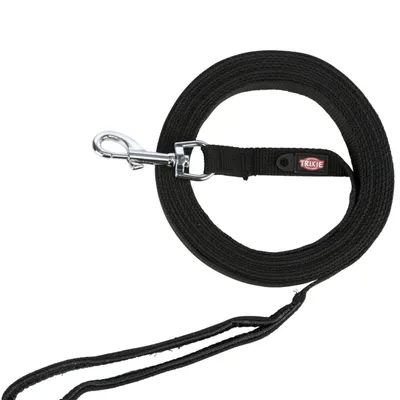 Longe noire en tissu avec mousqueton métallique et étiquette Trixie visible sur la sangle.