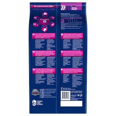 Eukanuba Kitten Healthy Start kattenvoer, NL-tekst: gezonde groei, vitaliteit, spijsvertering, slanke spieren, huid en vacht. Voedingsadvies per gewicht zichtbaar. Barcode onderaan.