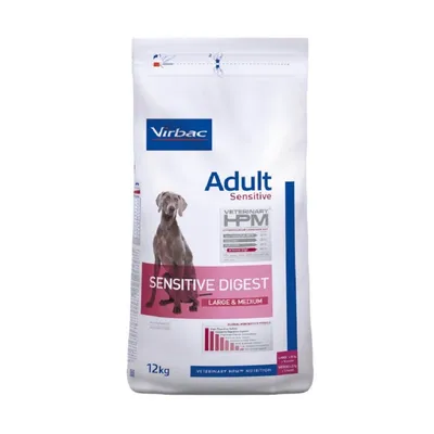 Virbac Adult Sensitive Digest Large & Medium kutyatáp, 12 kg-os csomagolás, VETERINARY HPM Nutrition felirattal, nagytestű és közepes kutyáknak. Látható grafikon a csomagon.