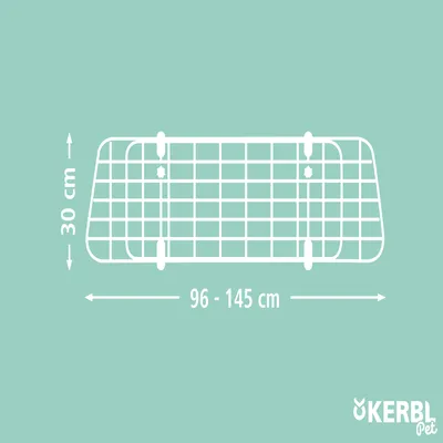 Schéma de grille Kerbl Pet avec dimensions : hauteur 30 cm, largeur réglable de 96 à 145 cm. Marque visible en bas à droite.