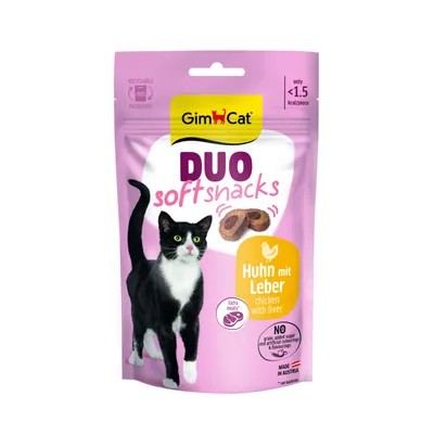 GimCat Duo Soft Snacks, pollo con hígado, extra carnosos, sin cereales, azúcar ni colorantes artificiales, fabricados en Austria, envase reciclable, menos de 1,5 kcal por unidad.