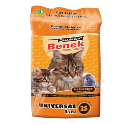Super Benek cat litter Universal Line, natural and unscented litter, 25L packaging. Hygienic bedding for pets.