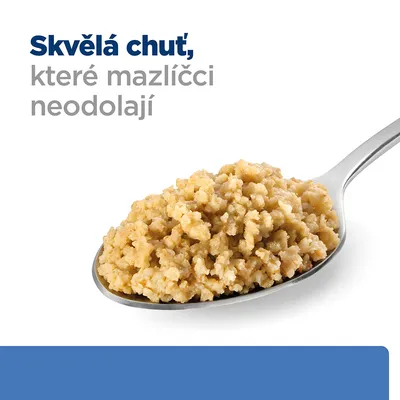Lžíce s porcí masové směsi, v horní části text: Skvělá chuť, které mazlíčci neodolají.