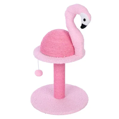 Kratzbaum in Flamingo-Design, rosa mit Spielball an Schnur und Sisal umwickeltem Stamm.