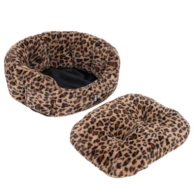 Round pet bed with leopard pattern and removable cushion, brown-black patterned.