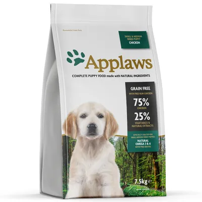 Applaws hvalpefoder til små og mellemstore racer, kylling, kornfri, 75% kylling, 25% grøntsager og naturlige ekstrakter, Omega 3 & 6 med probiotika, 7,5 kg pakke.