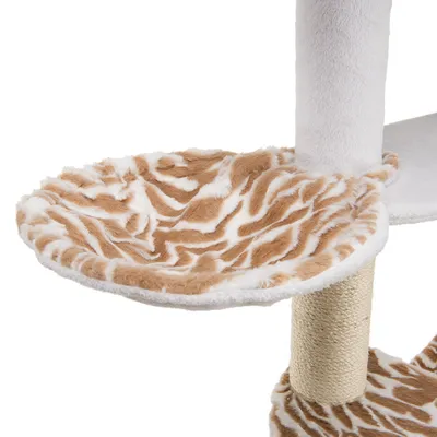 Kratzbaum mit braun-weißem Zebra-Muster auf gepolsterter Liegefläche und Sisal umwickeltem Stamm.