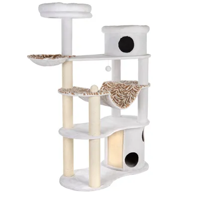 Kratzbaum mit mehreren Ebenen, Höhlen und Liegeflächen. Weißes Design mit Tiger-Muster auf Hängematte und Plattformen. Sisal umwickelte Kratzsäulen.