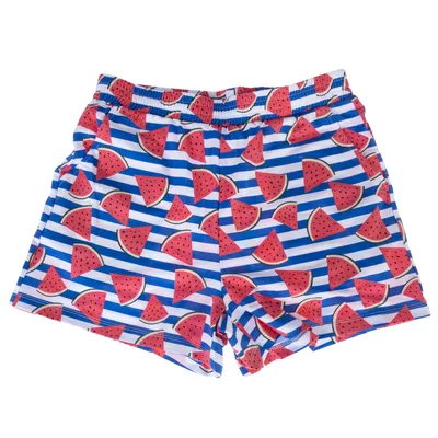 Kurze Hose mit blau-weissen Streifen und Wassermelonen-Muster, elastischer Bund.