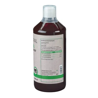 Karma uzupełniająca dla psów, skład: 100% olej konopny. Zalecenie dawkowania: do 5 kg 5 ml, 5-20 kg 15 ml, powyżej 20 kg 20 ml dziennie. Przechowywać w chłodnym i ciemnym miejscu.