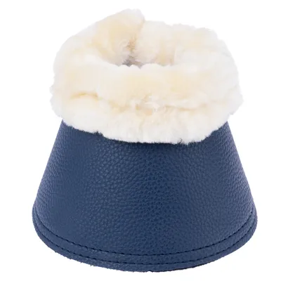 Accessoire pour animal en forme de cône, extérieur bleu aspect cuir, intérieur et rebord en fausse fourrure crème. Aucun texte ou marque visible.
