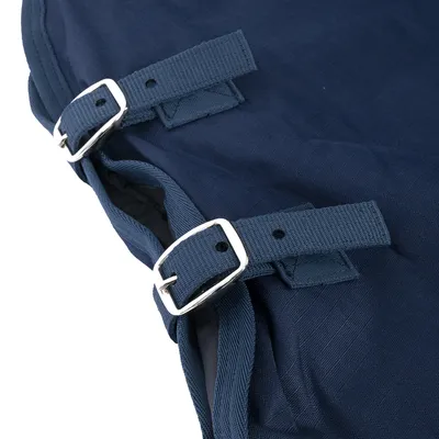 Close-up van twee blauwe riemen met zilverkleurige metalen gespen op donkerblauw textiel.