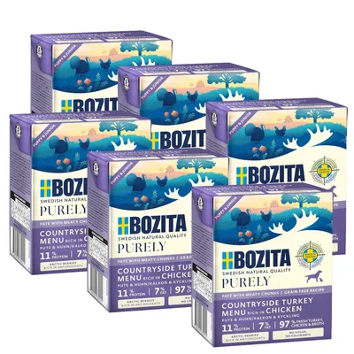 Bozita Purely Countryside Turkey Menu с курицей. Без зерна, 11% белка, 7% жира, 97% свежее мясо. С арктическими ягодами, богат антиоксидантами. Шведское качество.
