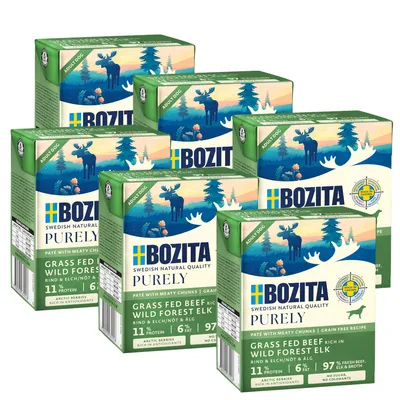 Bozita Purely Adult Dog, беззерновой рецепт с говядиной и лосем. 11% белка, 6% жира, 97% свежее мясо. Богат антиоксидантами, без красителей.