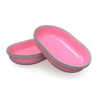 Zwei ovale, rosa Futterschalen mit grauem Rand aus Kunststoff.