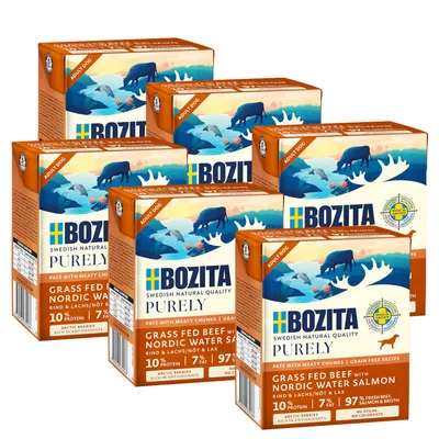 Bozita Purely Adult Dog, Grass Fed Beef с Nordic Water Salmon. Без зерна, 10% белка, 7% жира, 97% свежее мясо и бульон, арктические ягоды, богатые антиоксидантами.