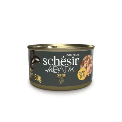 Schesir After Dark, Complete, kip, 80g, graanvrij. Donker blik met afbeelding van kippenvlees en gele aanduiding 'Grain Free'.