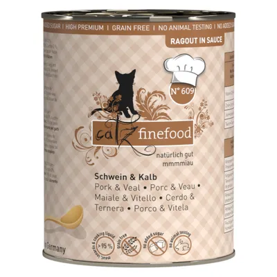 Catz Finefood Ragout in Sauce Nr. 609, vepřové a telecí, bez obilovin, bez přidaného cukru, bez testování na zvířatech, vyrobeno v Německu.